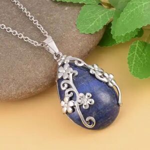 Lapis Lazuli and Austrian Crystal Floral Pendant Necklace 20 Inches in Stainless